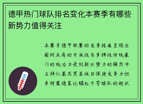 德甲热门球队排名变化本赛季有哪些新势力值得关注
